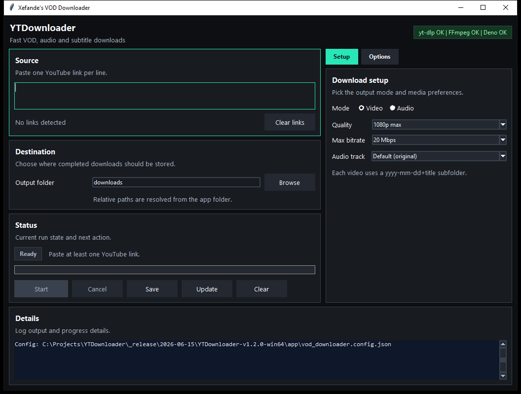 YTDownloader premium dark Windows interface showing source, destination, setup and status panels